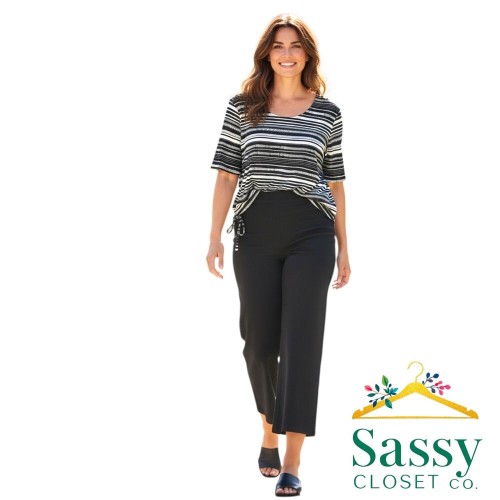 CHICOS Black White Striped Side Tie Tee 3 (XL) EUC Ruched Hem Knit Rayon Stretch